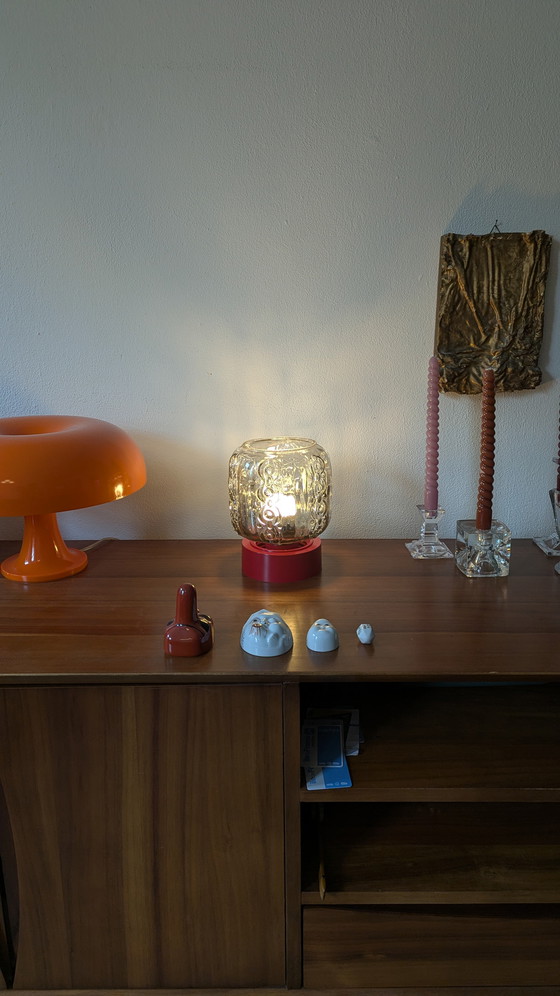 Image 1 of Art Deco Smoked Glass Red Base Table Lamp Mid-Century