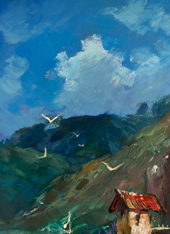 Image 1 of Original Oil Painting Summer City Landscape Coast with quiet houses