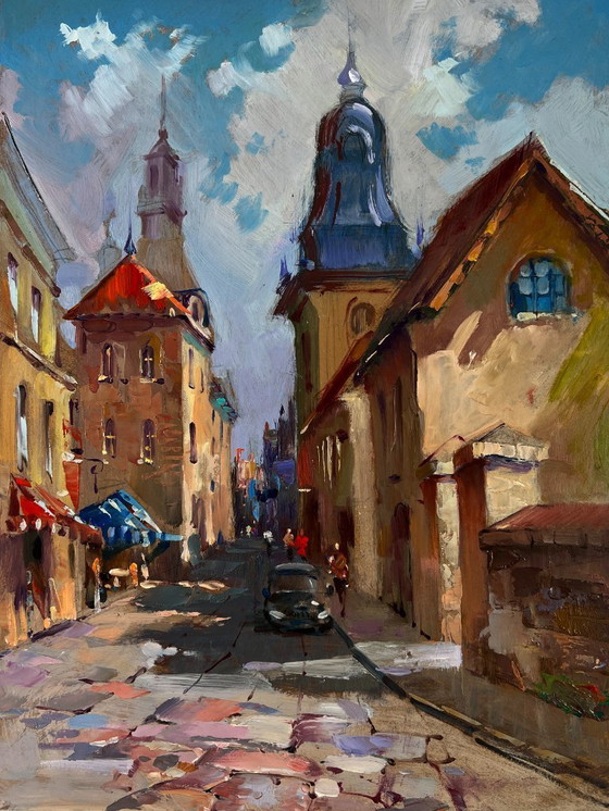 Image 1 of Original Oil Painting City Road Landscape Quiet Street In The Old Town
