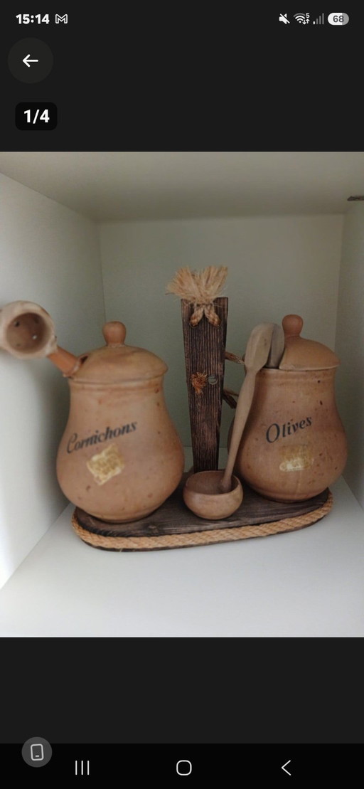 French Vintage Stoneware Set for Olives & Cornichons