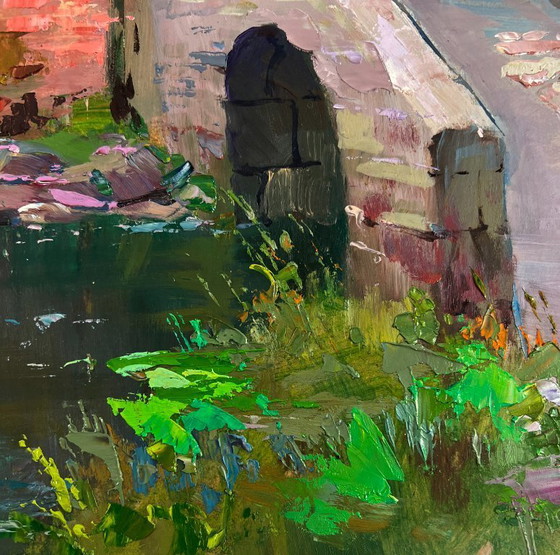 Image 1 of Original Oil Painting Summer Houses Landscape The bridge leading to the village