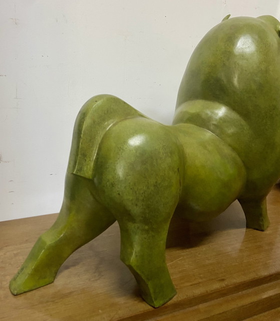 Image 1 of Monumentale abstracte bronzen stiersculptuur naar Fernando Botero, groene patina, 70 cm