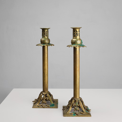 Pair of Antique French Copper Candlesticks in Baroque Style, 1900s