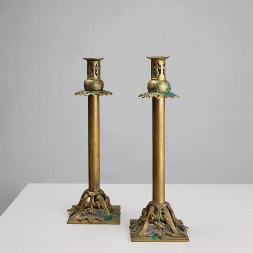 Pair of Antique French Copper Candlesticks in Baroque Style, 1900s