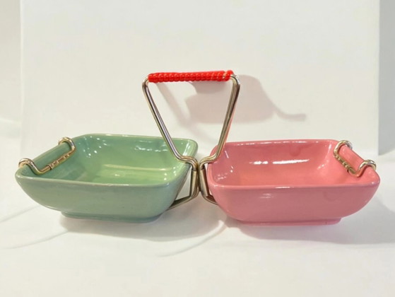 Ciotola Mid Century per snack e servizio in menta e rosa con manico in ottone degli anni '50, made in Germany (photo 2 of 7)
