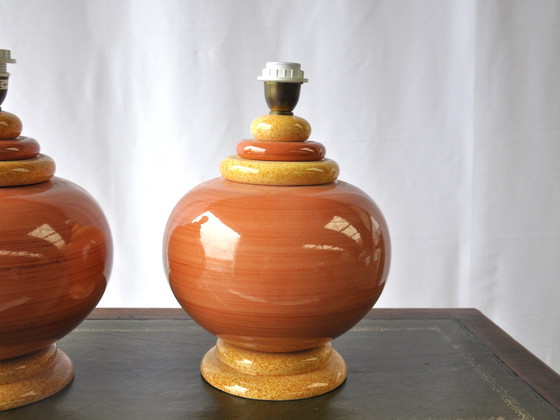 Image 1 of Orangefarbene französische Tischlampen aus Keramik von Kostka