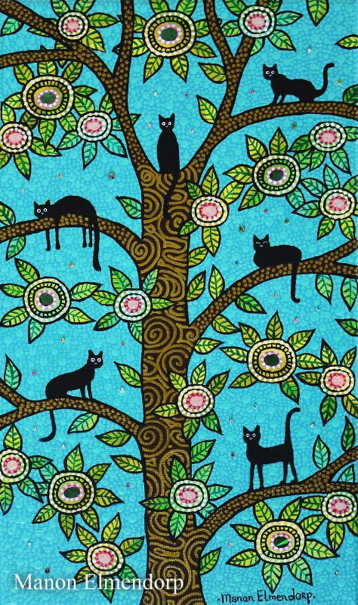 Cuadro único pintado a mano Gatos en el árbol 30x18 cm