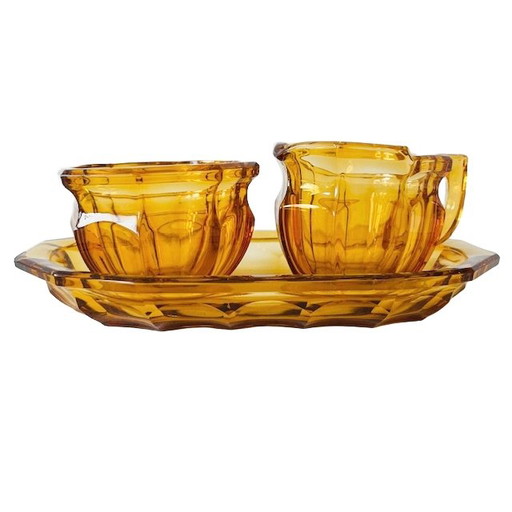 Service à crème en verre ambré Art déco avec plateau 1930