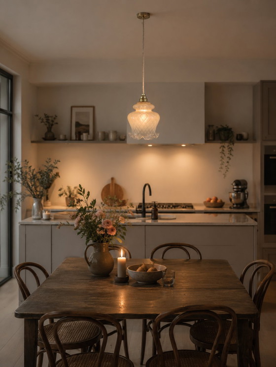 Image 1 of Sfeervolle vintage zacht gele opaline glazen hanglamp