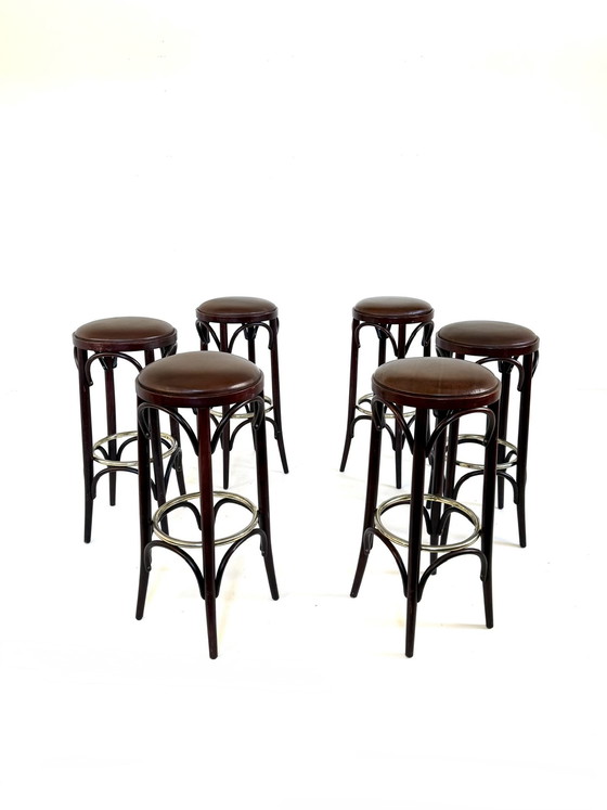 Image 1 of 12x vintage barkruk leer & bentwood ‘80