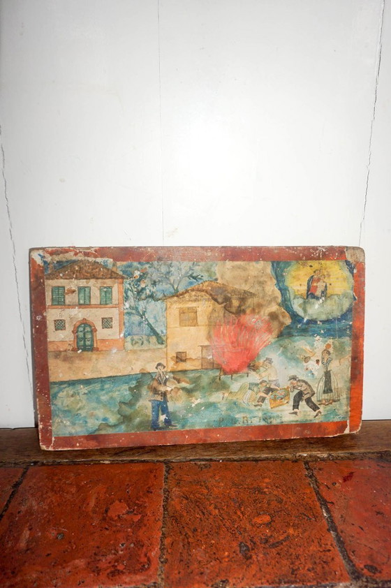 Image 1 of antique ex voto fire rescue painting * early 1800s * oil on wood