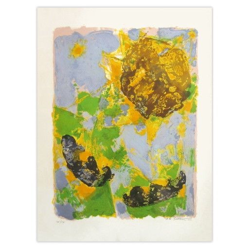 Litografia firmata di Maurice Elie SARTHOU, Girasole in un cielo blu.