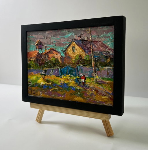 Original Oil Painting Rural Life Landscape On a Village Street