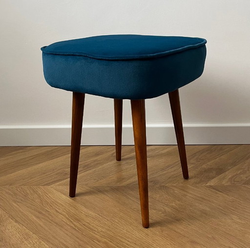 Vintage Velvet Footstool in Dark Teal, Mid Century Modern Stool with Wood Legs