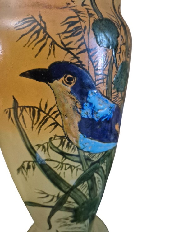 Pair of hand-painted Vases with bird motif, legras, Ceramic, Glass, Orange (photo 15 of 15)