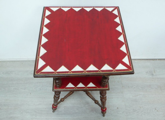 Image 1 of Side table high with shelf Art Nouveau, dark walnut + shabby red + ivory-cream pattern, around 1900