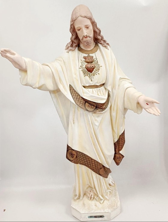 Image 1 of Large Belgian Devotional Polychrome Sacred Heart of Jesus Statue, plaster 1900s
