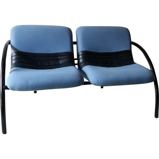 Vintage 2-Sitzer Sofa in blauem Stoff und schwarzem Kunstleder - 1980er Jahre