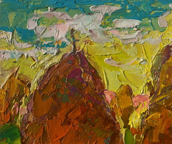 Image 1 of Original Oil Painting Day Field Landscape Spring peace on the outskirts