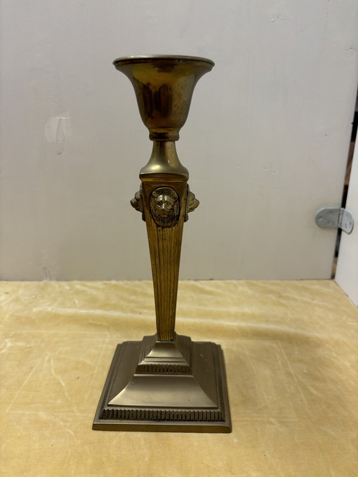 Vintage set of two empire style lion's head antique candlesticks