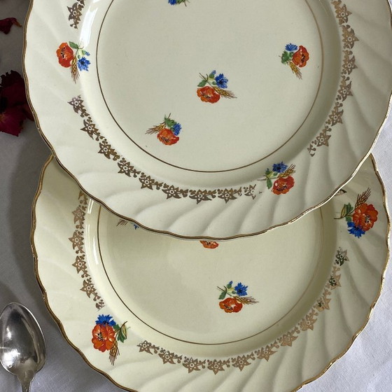 Image 1 of 6 antique Salins earthenware dessert plates, pale yellow with flowers