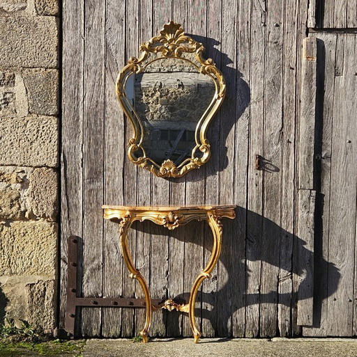 Set of Vintage French Golden Marble Console & Baroque Mirror – Louis XV Style