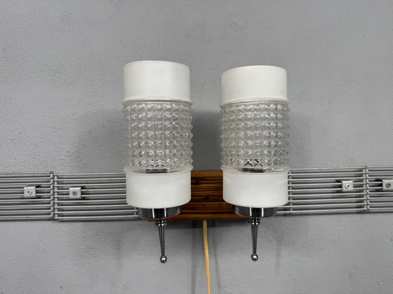 Image 1 of Lampada da parete vintage con tubi di vetro e piastra posteriore in legno