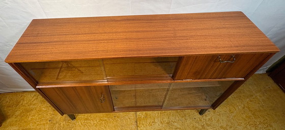 Image 1 of Mid-Century Retro Vintage Teak Sideboard / Bookcase / Display Cabinet by Nathan Furniture 1960s  Sliding Glass Doors • Bureau Fl