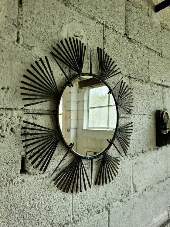 Image 1 of Miroir artisanal soleil fer motif palmes - création pièce unique