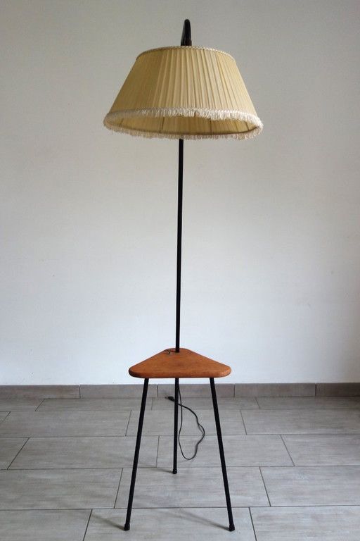 Tripod metal floor lamp with shelf, 1950s/60s, France