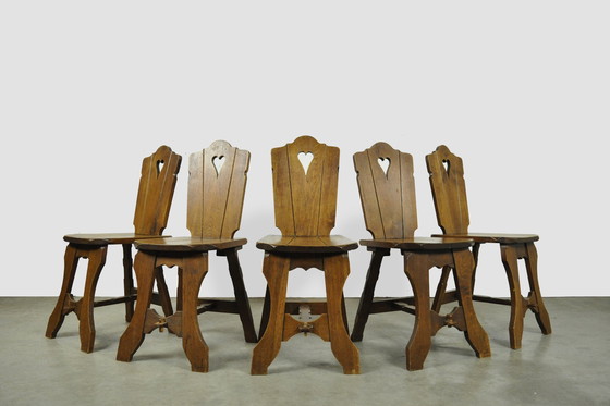 Image 1 of Vintage BRUTALIST oak handmade farmhouse dining chairs, 1930s Netherlands