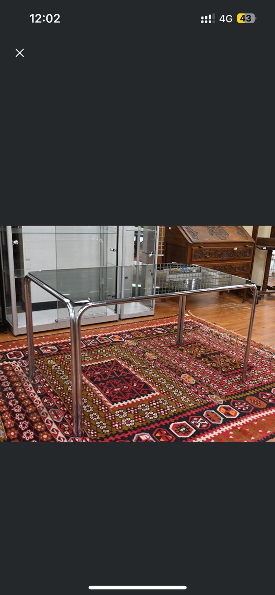 Image 1 of Vintage rectangular dining table with smoked glass and chrome