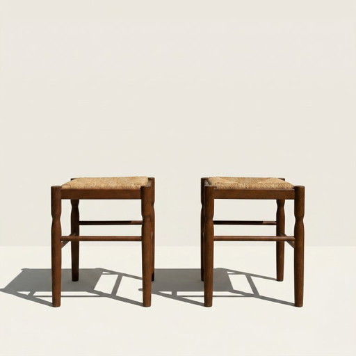 Pair of 20th century french stools in wood and straw seat