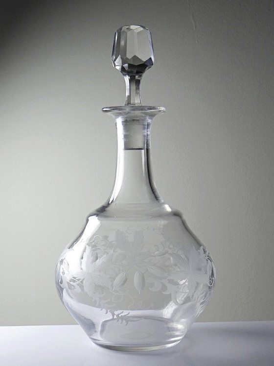 Image 1 of Antique engraved crystal decanter with vegetal decoration, Bohemian 19th-20th century