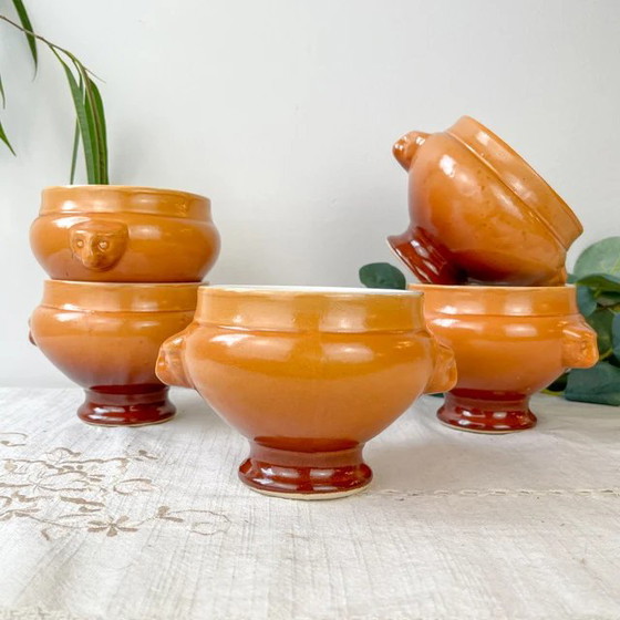 5 Ciotole Vintage Emile Henry Ceramica Testa Leone Zuppa Cipolle - Sfumatura Miele/Marrone, Francia - (photo 2 of 9)