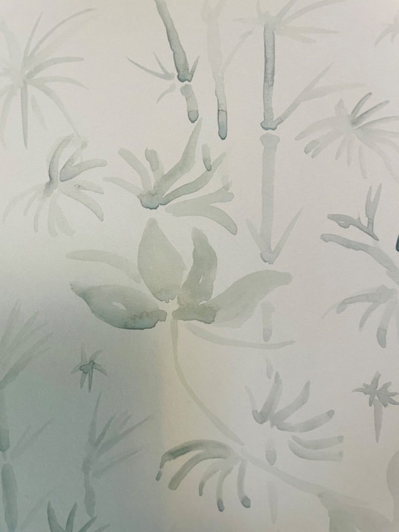 Image 1 of Signed monochrome sage green watercolor "jungle" landscape