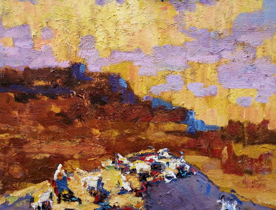 Original Oil Painting Countryside Hills Pasture Evening Landscape, Paintings & Drawings, Canvas, Orange (photo 5 of 11)