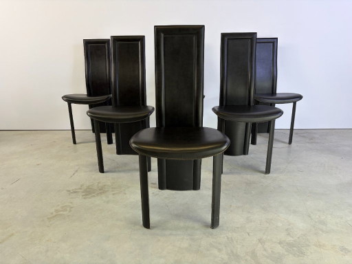 Sillas de comedor vintage de cuero negro, Juego de 6, Años 80