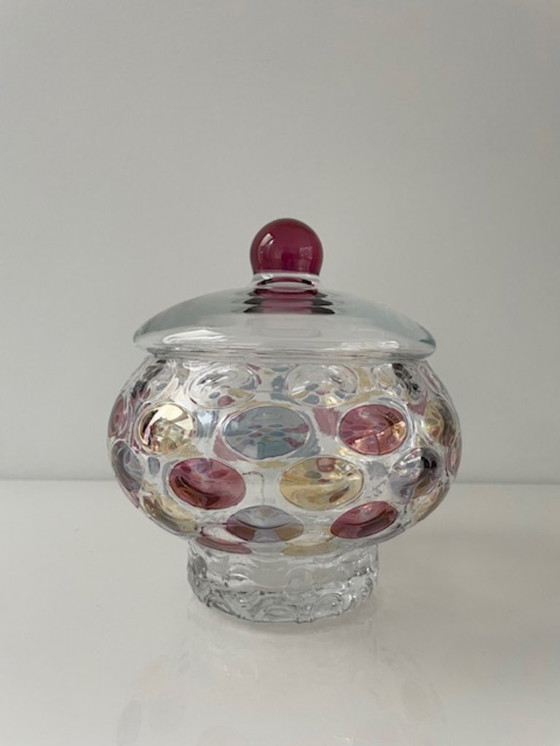 Image 1 of Decorative glass jar with colorful polka dots design