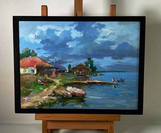 Peinture à l'huile originale : Paysage rural, maisons de village près de la rivière