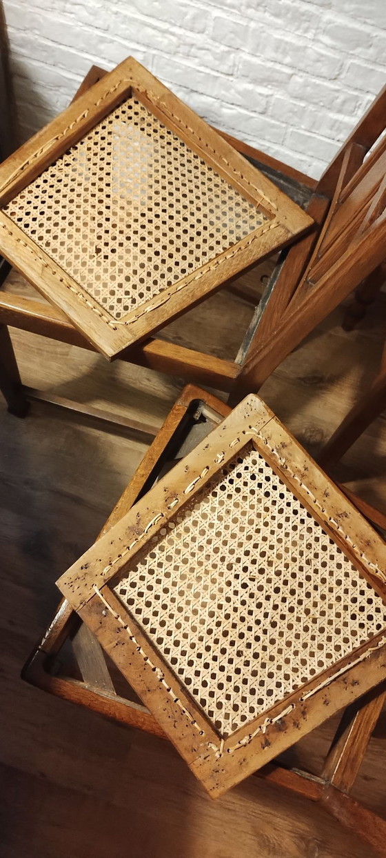 4 vintage eetkamerstoelen met webbing, Hout, Bruin (foto 8 van 13)
