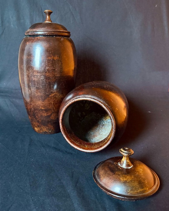 Two vintage wooden vases with lid, brown, Metal (photo 2 of 10)