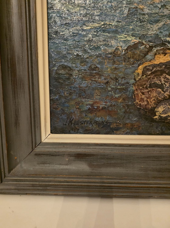 Paesaggio costiero mediterraneo suggestivo, J. Keustermans (1967), Arte, Legno, Tela, Blu (foto 3 di 15)