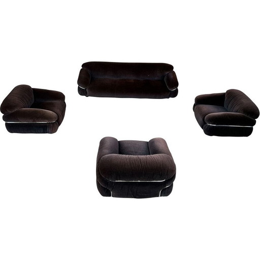 Set da soggiorno vintage Sesann in velluto di alpaca marrone di Gianfranco Frattini per Cassina, 1972