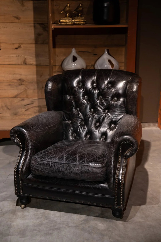 Image 1 of Chesterfield Timothy Oulton Fauteuil Zwart Craqulee leer