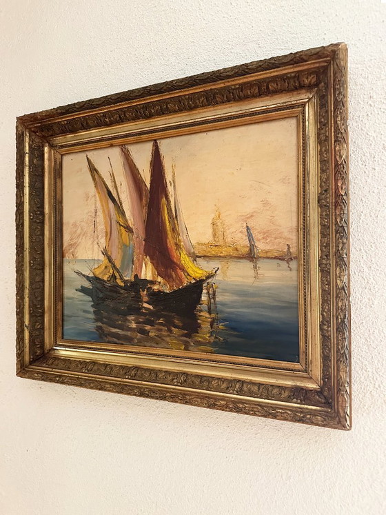 Very Old Impressionist Painting of a Mediterranean Port – Paintings & Drawings, Wood (photo 3 of 12)