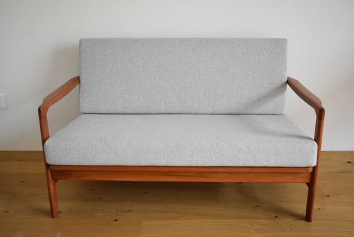 Two-Seater Scandinavian Sofa, Teak & Light Grey Fabric