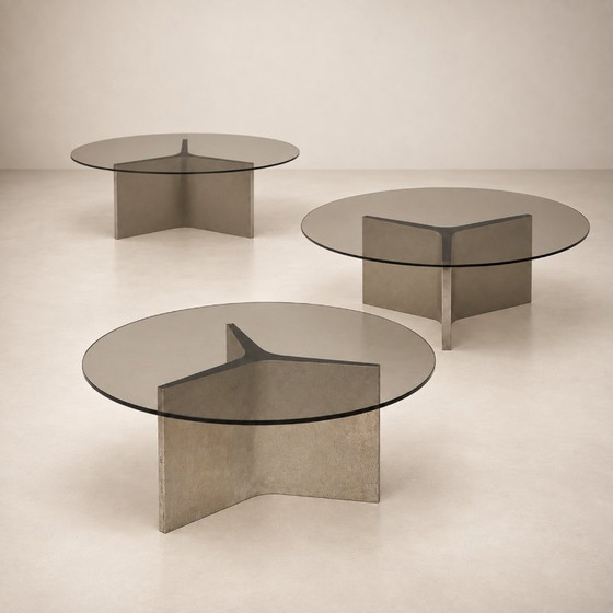 ÉTIENNE FERMIGIER — Drie Salontafels J.E.R., circa 1968 – Glass, Metal (photo 5 of 13)