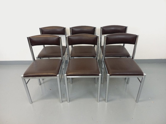 Image 1 of Set di 6 sedie vintage anni '70 in metallo cromato e similpelle marrone