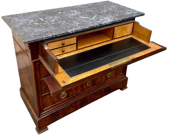 Image 1 of Louis Philippe 19th century secretary commode in walnut and burr walnut with a black marble top veined with white